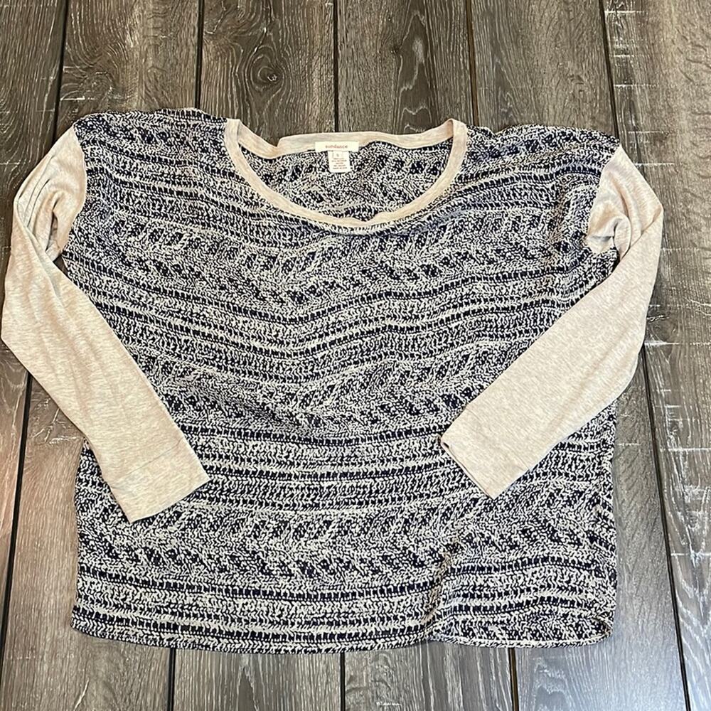 Sundance Sheer Navy and Cream Print Long Sleeve Top Women’s Size Small